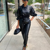 Two-piece Pu Leather Long-sleeved Suit