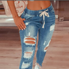 High-waist Lace-up Slim-fit Stretch-leg  Ripped Denim Trousers