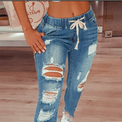 High-waist Lace-up Slim-fit Stretch-leg  Ripped Denim Trousers