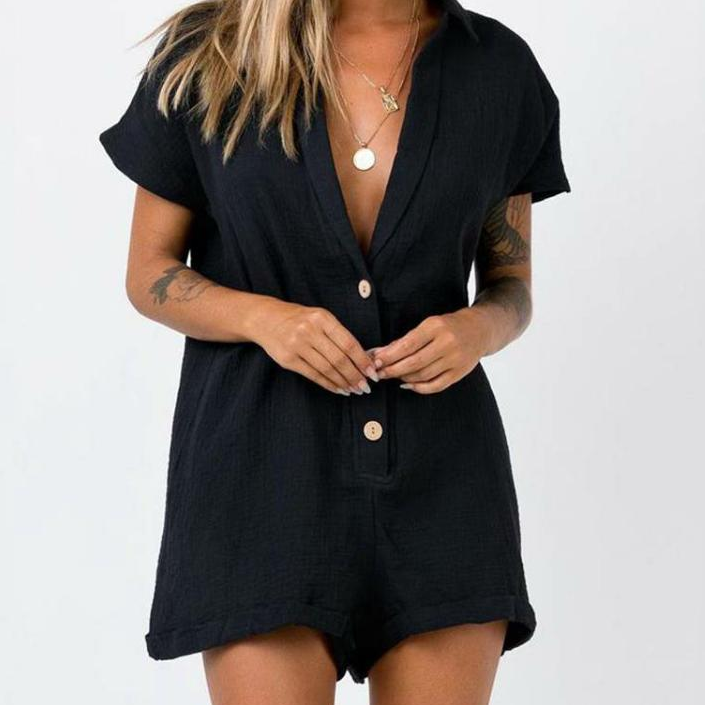 Jumpsuit Solid Color V-neck  Casual