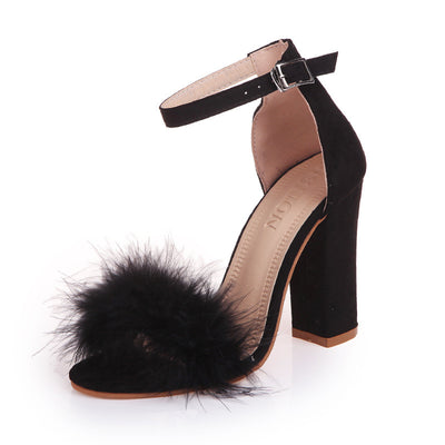 Faux Fur Buckle High-Heeled Sandals