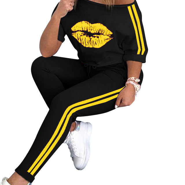 Lip Print Sports Suit T-shirt Two-piece Suit