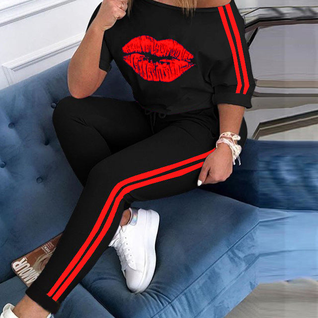 Lip Print Sports Suit T-shirt Two-piece Suit