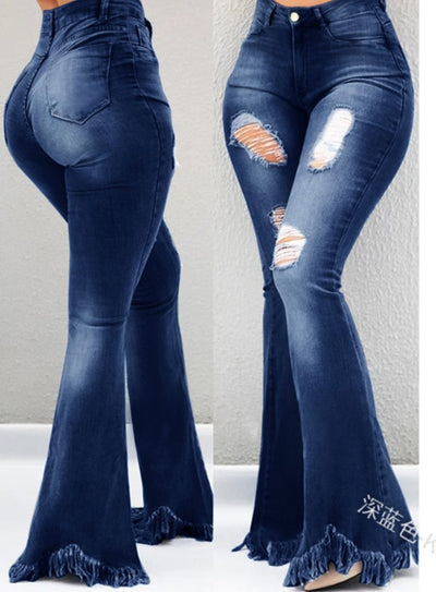 High-Waisted Jeans, Thin, Fringed  Denim Jeans