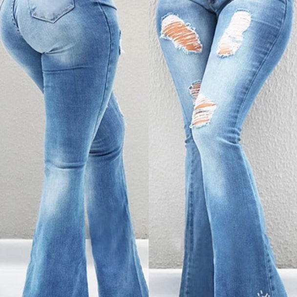 High-Waisted Jeans, Thin, Fringed  Denim Jeans