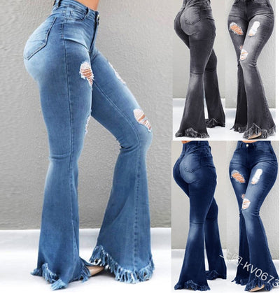 High-Waisted Jeans, Thin, Fringed  Denim Jeans
