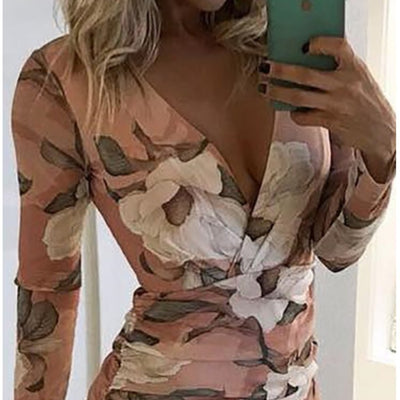 V-neck Printed Long-sleeved Dress Women