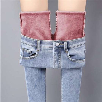 High-waisted trousers plus fleece jeans winter stretch skinny