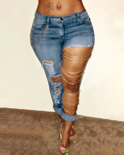 exaggerated casual chain jeans with holes