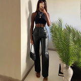 Two-pocket sslim PU leather pants