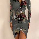 Long Sleeve V Neck Printed Tight Split Dress