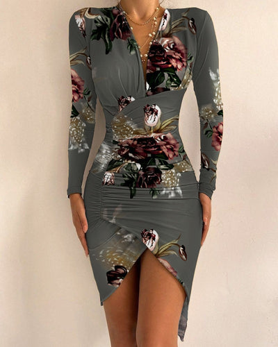 Long Sleeve V Neck Printed Tight Split Dress