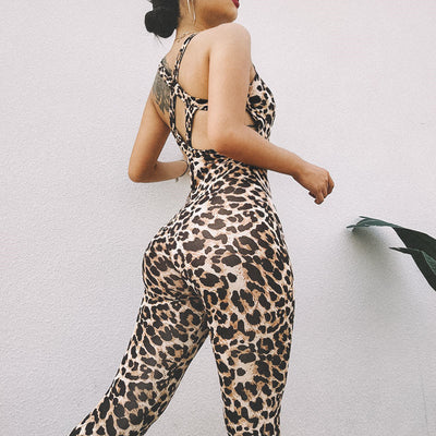 leopard sports fitness hollow jumpsuit