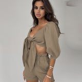 Two Piece Balloon Sleeve Cardigan Casual Shorts