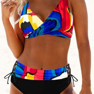 High Waist Rainbow Striped Bikini Swimsuit