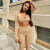 Solid Color V-Neck Long-Sleeve Top Micro-Flare Pants Two-Piece Set