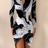 Long Sleeve V Neck Printed Tight Split Dress