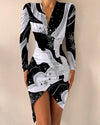 Long Sleeve V Neck Printed Tight Split Dress