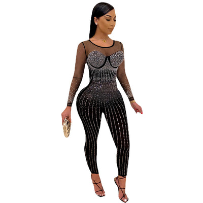 Mesh Ironing Drill See-through Jumpsuit Long-sleeved