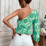 Women's Summer Mandala Print One Shoulder Balloon Sleeve Shirt