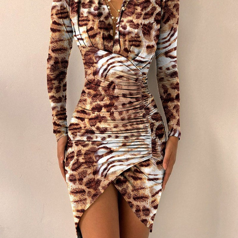 Long Sleeve V Neck Printed Tight Split Dress