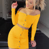 Off Shoulder Set Solid  Bodycon 2 Pcs Sets Long Sleeve Top And Skirt