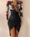 Long Sleeve V Neck Printed Tight Split Dress