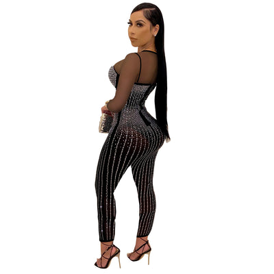 Mesh Ironing Drill See-through Jumpsuit Long-sleeved