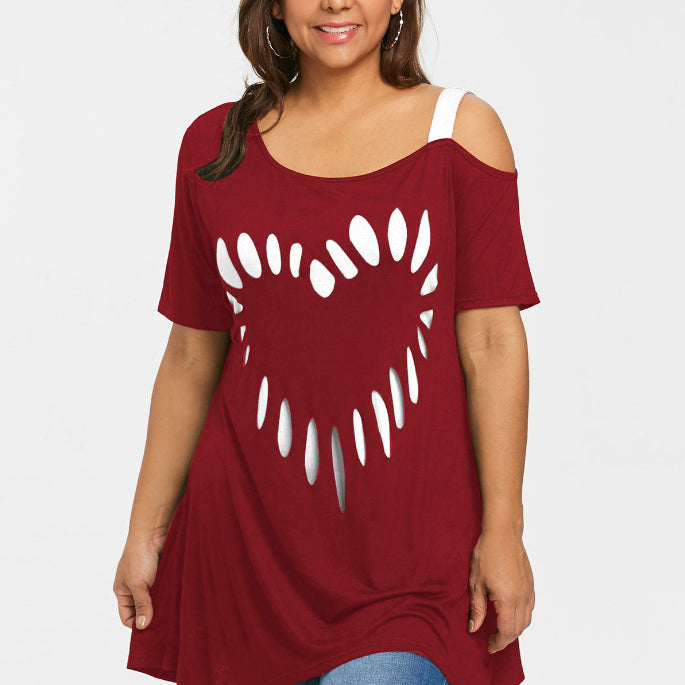 Heart-shaped Print  Shoulder Sling  Loose T-shirt