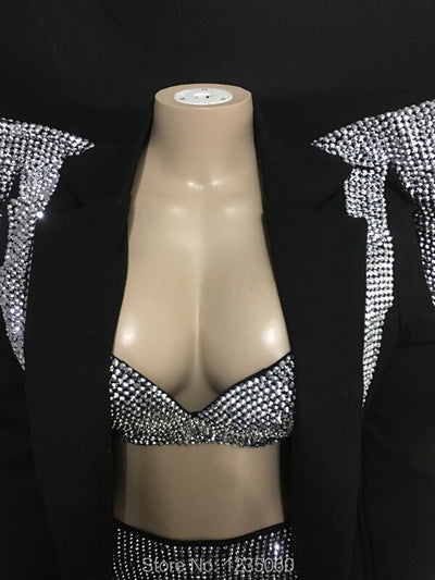 Sparkly Silver Rhinestones Outfit Set Women Bra Short Jacket Wear Clothes