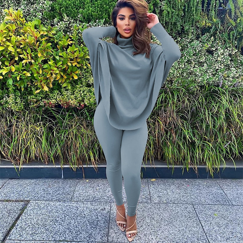 Batwing  Two Piece Set Women Turtleneck Top+Pencil Pants  Classy Outfits