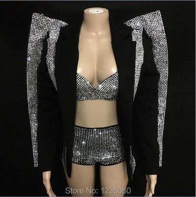 Sparkly Silver Rhinestones Outfit Set Women Bra Short Jacket Wear Clothes