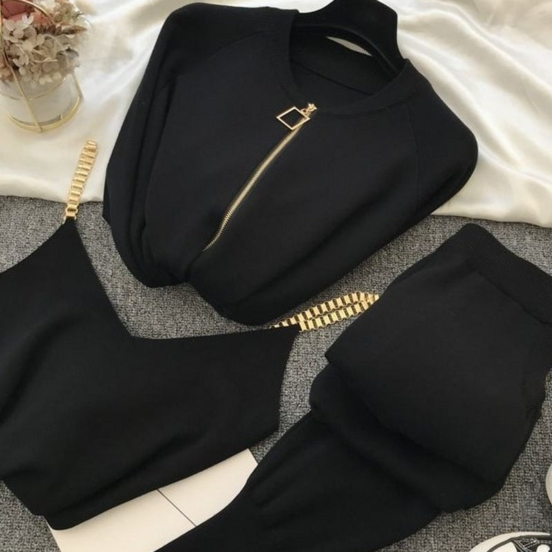 chain vest knitted casual jacket + three-piece elastic pants