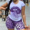 Two Piece Lips Short Sleeve Top Leopard Shorts