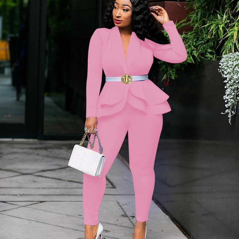 Full Sleeve Ruffles Blazers Pencil Pants Suit