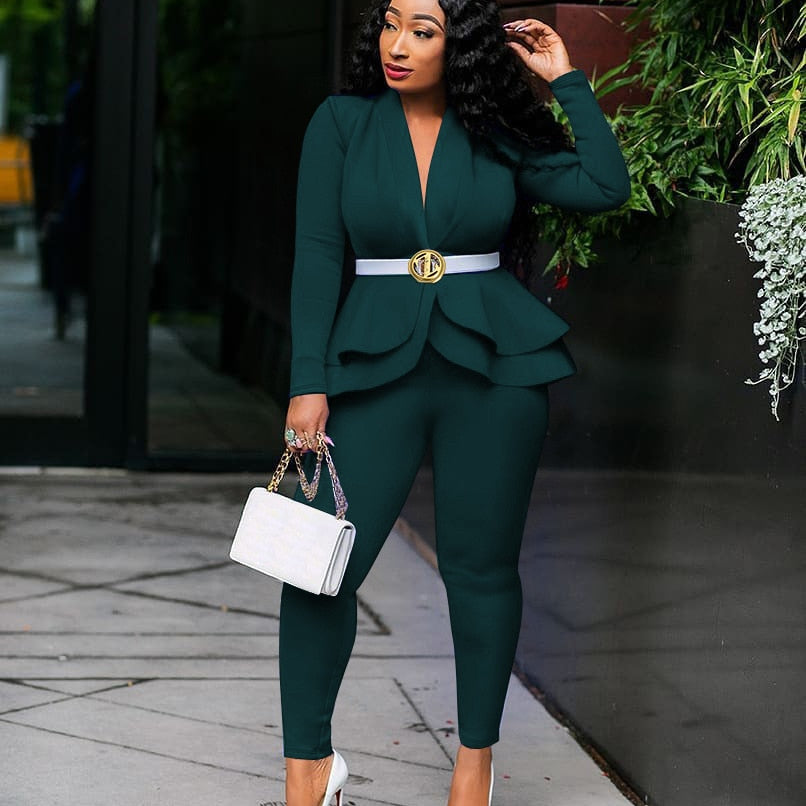 Full Sleeve Ruffles Blazers Pencil Pants Suit