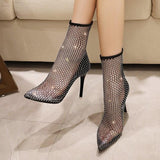 Rhinestone Mesh Pointed toe Sandals Ankle Boots Stiletto High Heels