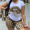 Two Piece Lips Short Sleeve Top Leopard Shorts