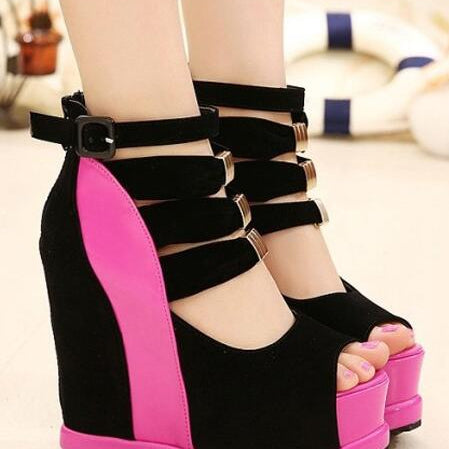 Ankle Boots Hollow High Slope With The Fish Mouth Thick Bottom Wedges
