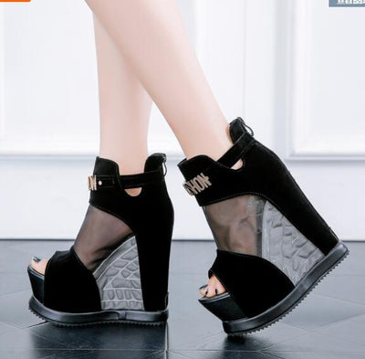Ankle Boots Hollow High Slope With The Fish Mouth Thick Bottom Wedges