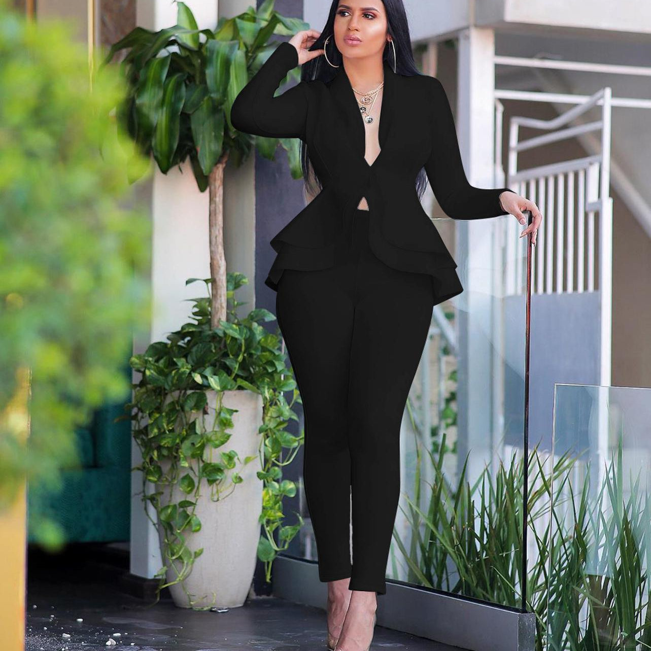 Full Sleeve Ruffles Blazers Pencil Pants Suit