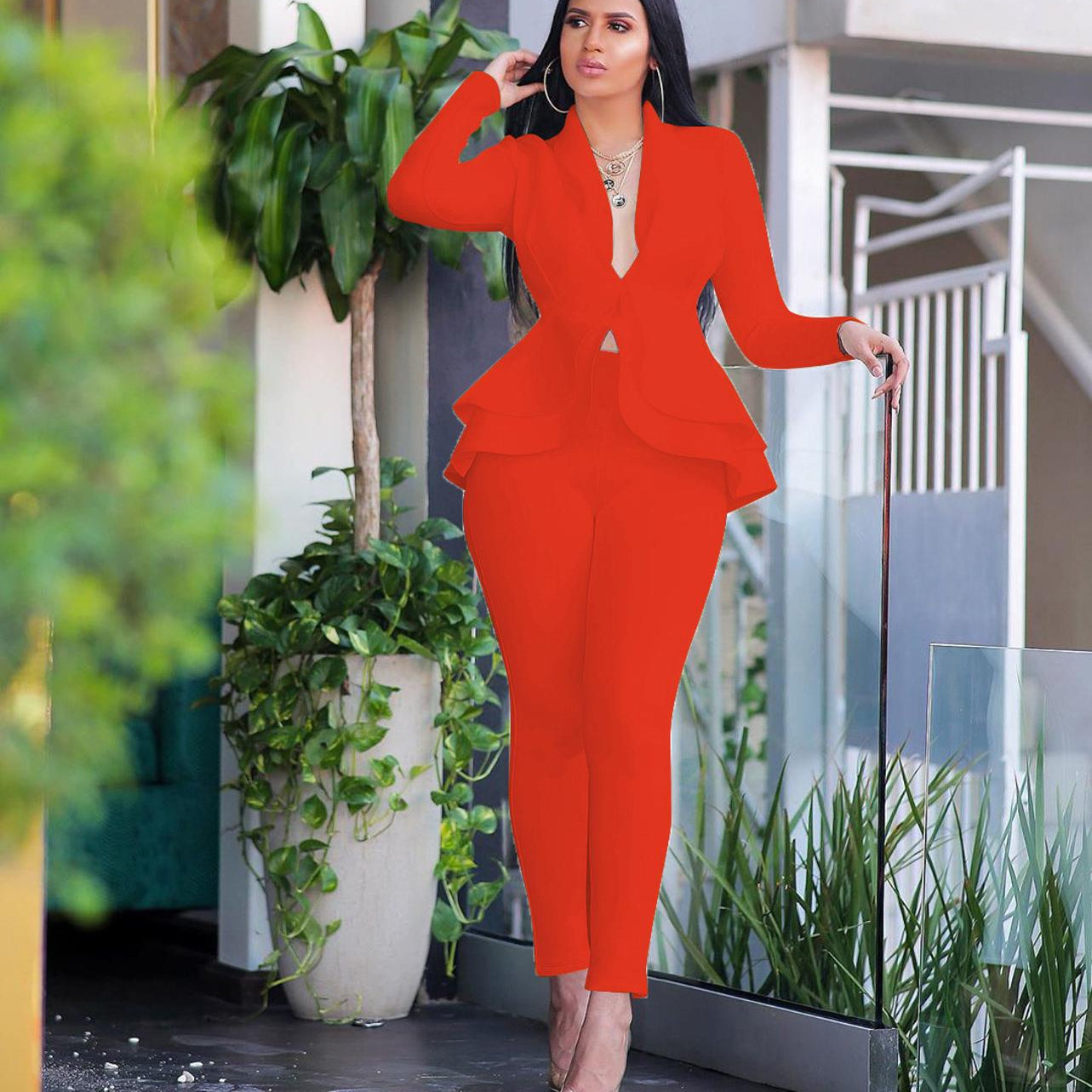 Full Sleeve Ruffles Blazers Pencil Pants Suit