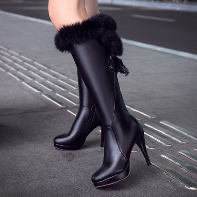 Winter Boots Thick High Heel Long Boots Round Slip On Spring Autumn Shoes