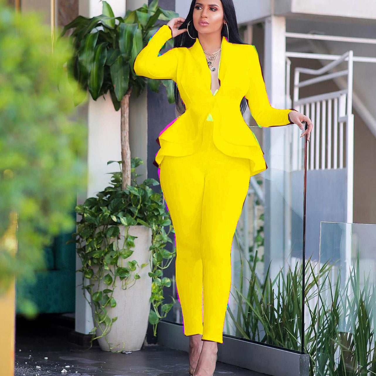 Full Sleeve Ruffles Blazers Pencil Pants Suit