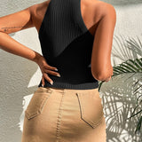 Heart Criss Cross Ribbed Knit Sleeveless Halter Top