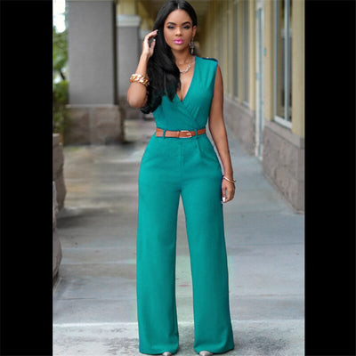 Jumpsuits With Sashes Notched Wide Leg Rompers Sleeveless Summer Formal