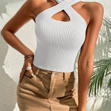 Heart Criss Cross Ribbed Knit Sleeveless Halter Top