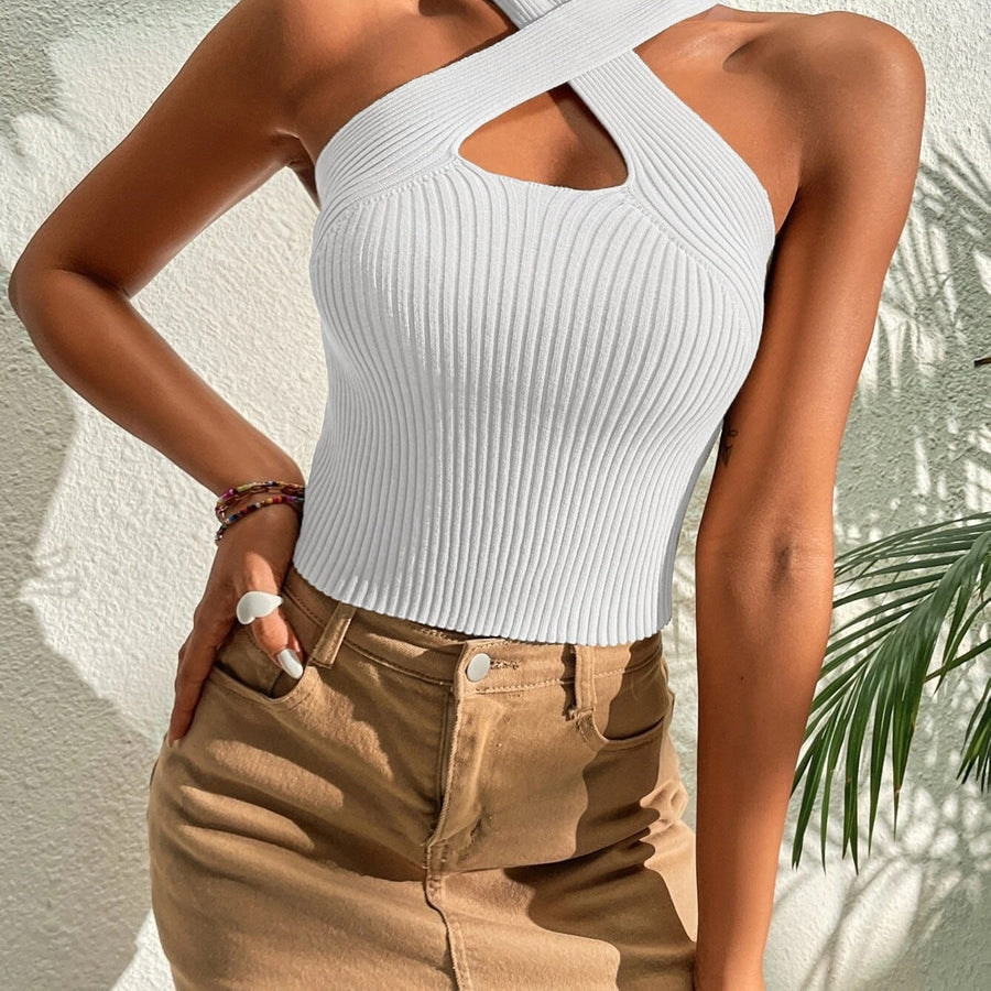 Heart Criss Cross Ribbed Knit Sleeveless Halter Top