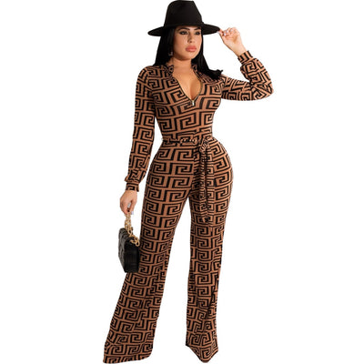 Jumpsuit Long Sleeve High Waisted V Neck Long Rompers