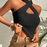 Heart Criss Cross Ribbed Knit Sleeveless Halter Top
